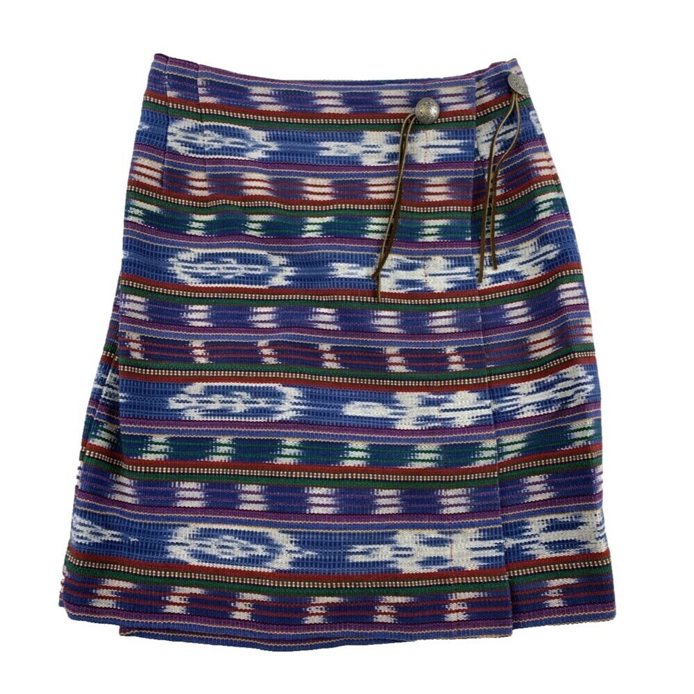 Central Falls Western Cotton Woven Mini Wrap Skirt Blue Purple Fringe Small